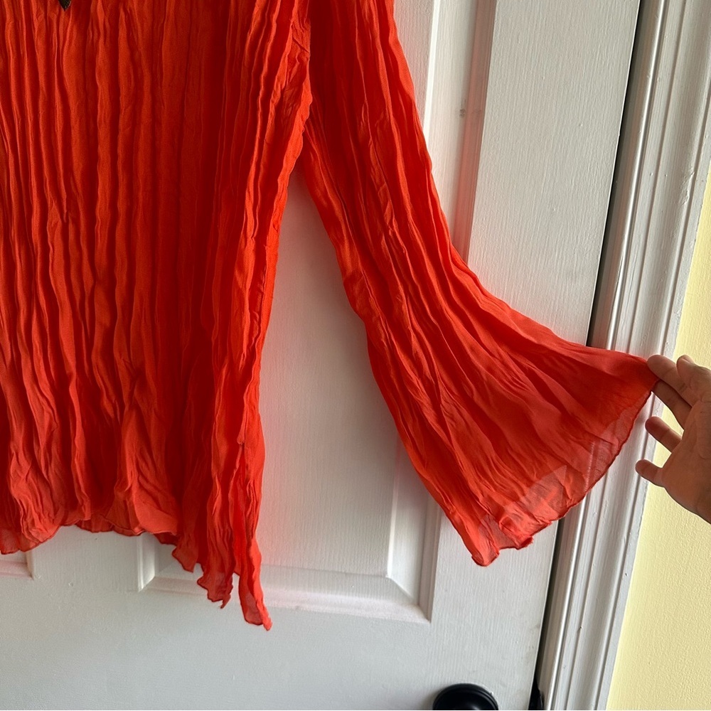 Vintage Ashley Stewart Plisse Rushed Beaded Collar Tunic Boho Top Orange Red 2X - Picture 2 of 7